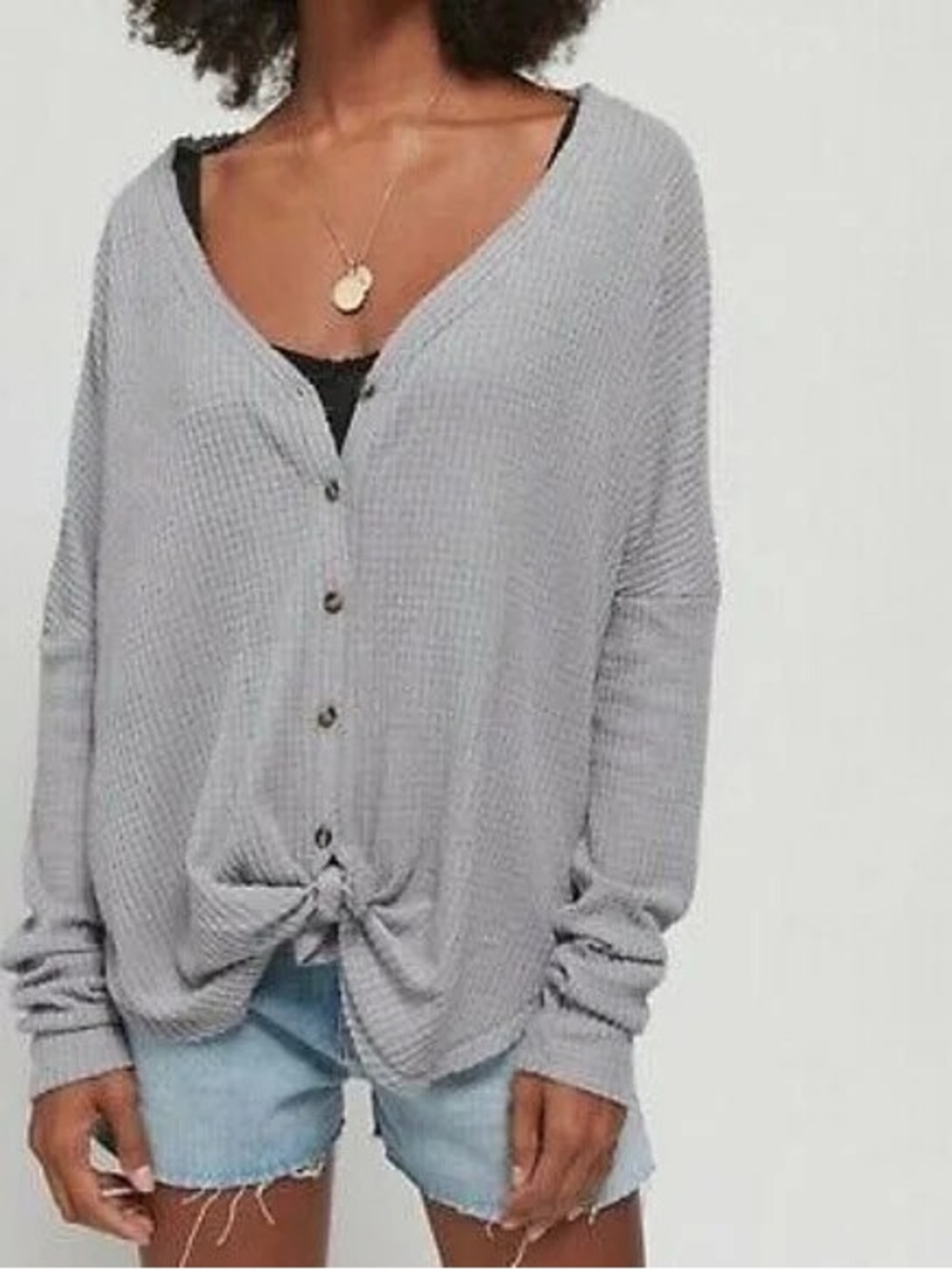 Aritzia Babaton Tie Front Thermal Waffle Knit Button Down Gray Top Size XXS - Picture 1 of 8